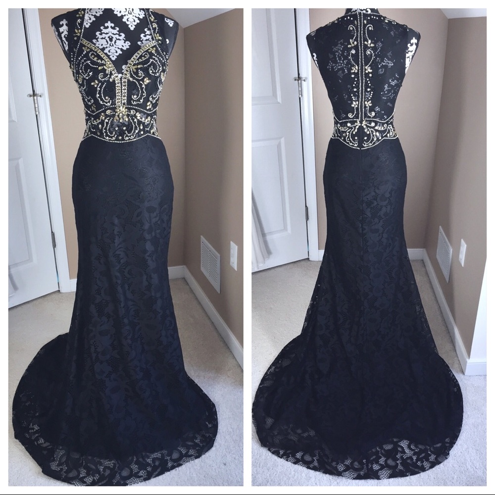 Shail K 3969 Black Lace Formal Gown